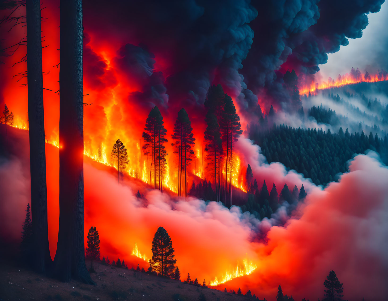 Intense night forest fire with tall trees and billowing smoke