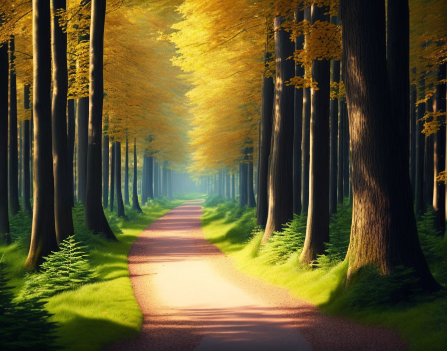 Tranquil forest path with sunlight filtering through canopy