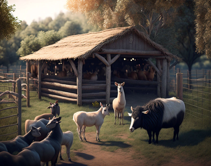 Rustic farm scene with goats, horse, and barn in lush setting