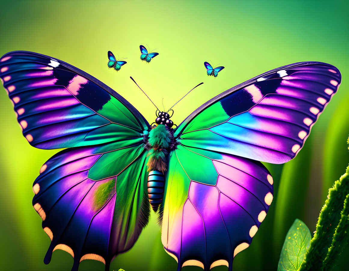 Colorful Butterfly with Outstretched Wings Against Green-Yellow Background