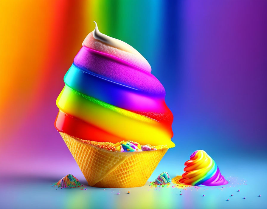 Colorful Rainbow Swirl Soft Serve Ice Cream Cone with Sprinkles