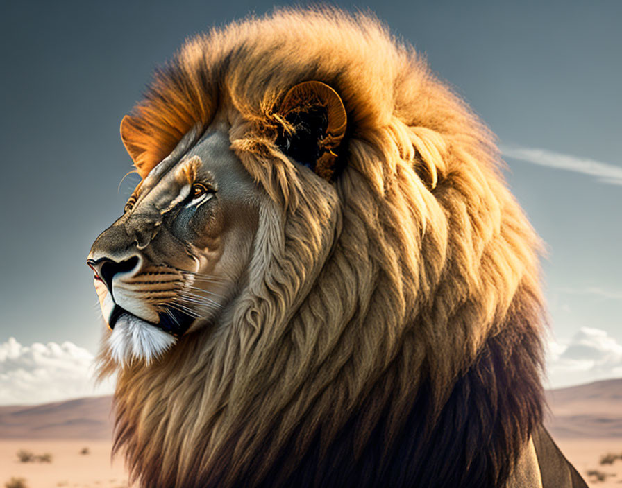 Majestic lion with full mane in serene desert landscape