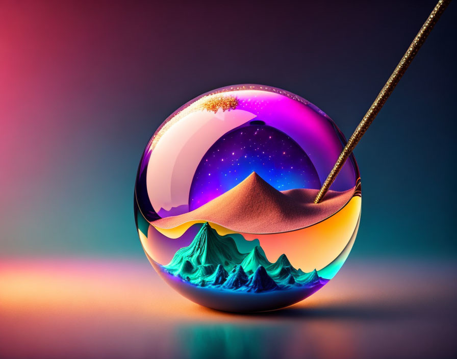 Colorful surreal landscape in crystal ball with mountains, dunes, and stars