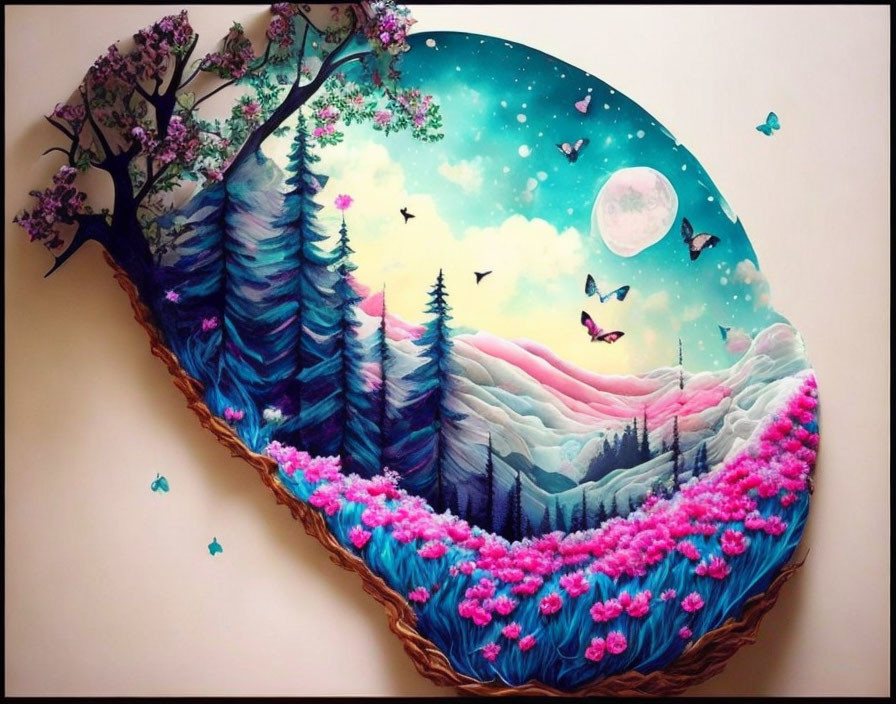 Colorful nature scene with forest, mountains, moonlit sky, pink blossoms, and butterflies.