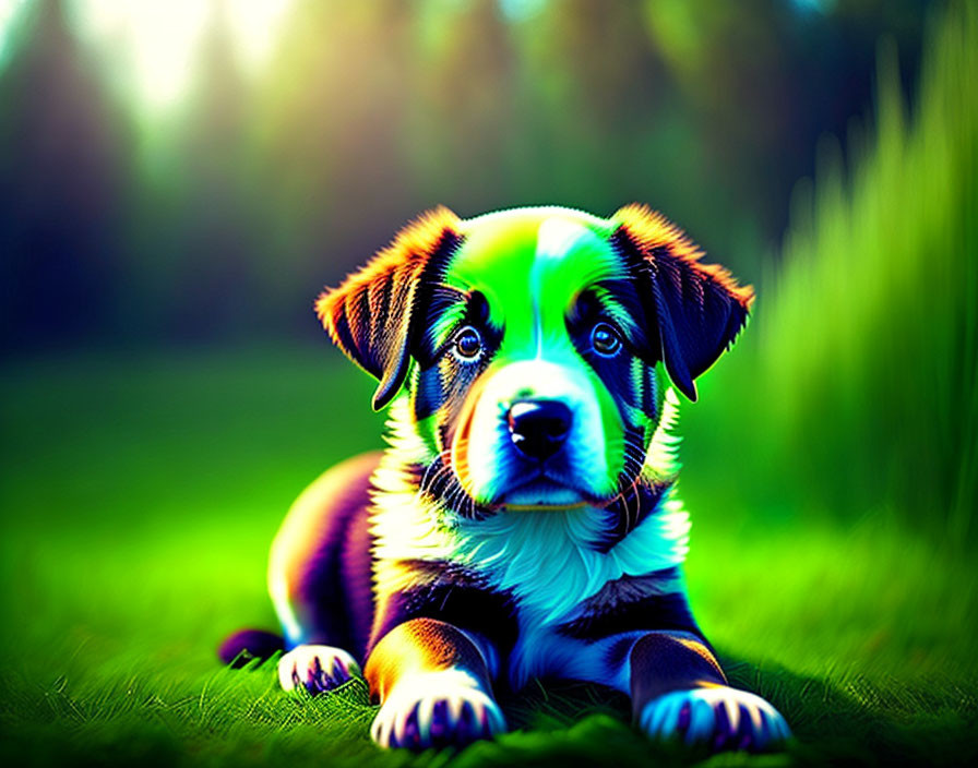 Adorable puppy with bright eyes on vibrant green grass
