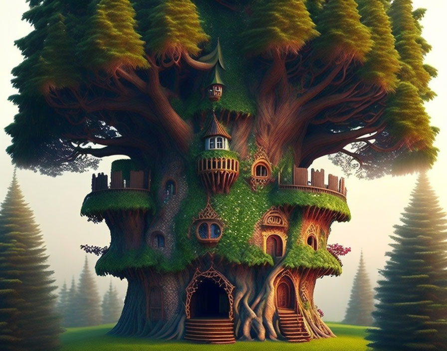 Detailed illustration of a fantastical treehouse in a large tree forest