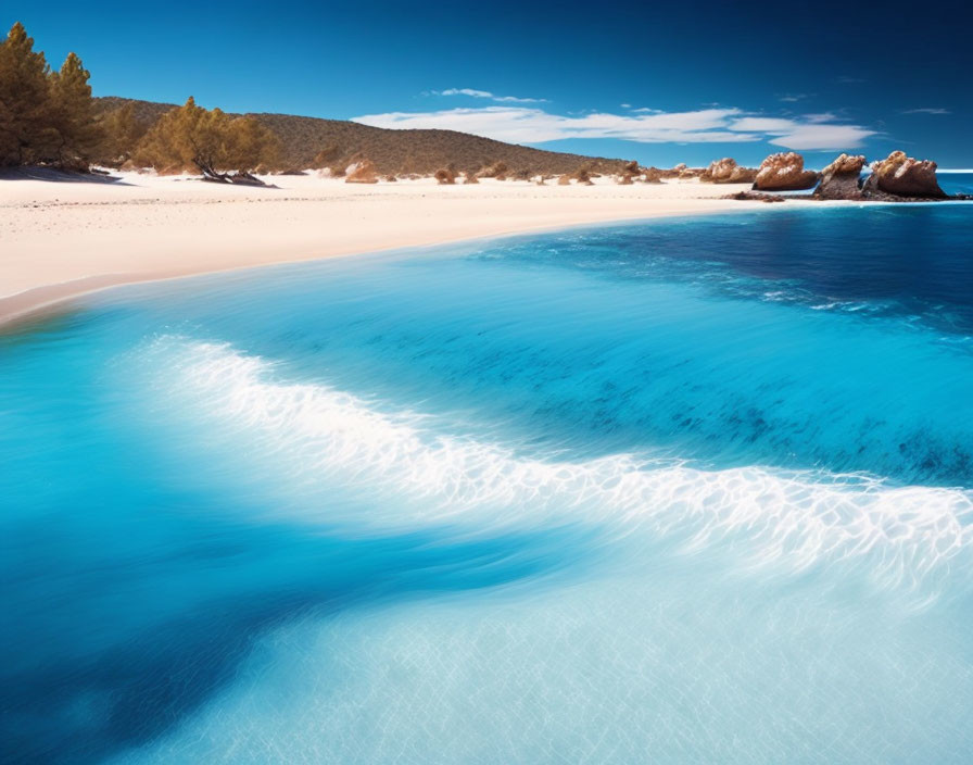 Sandy Beach with Turquoise Waters and Rocks Border