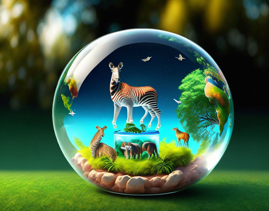 Transparent Sphere with Zebra, Trees, Earth Layers, and Wildlife in Fantasy Scene