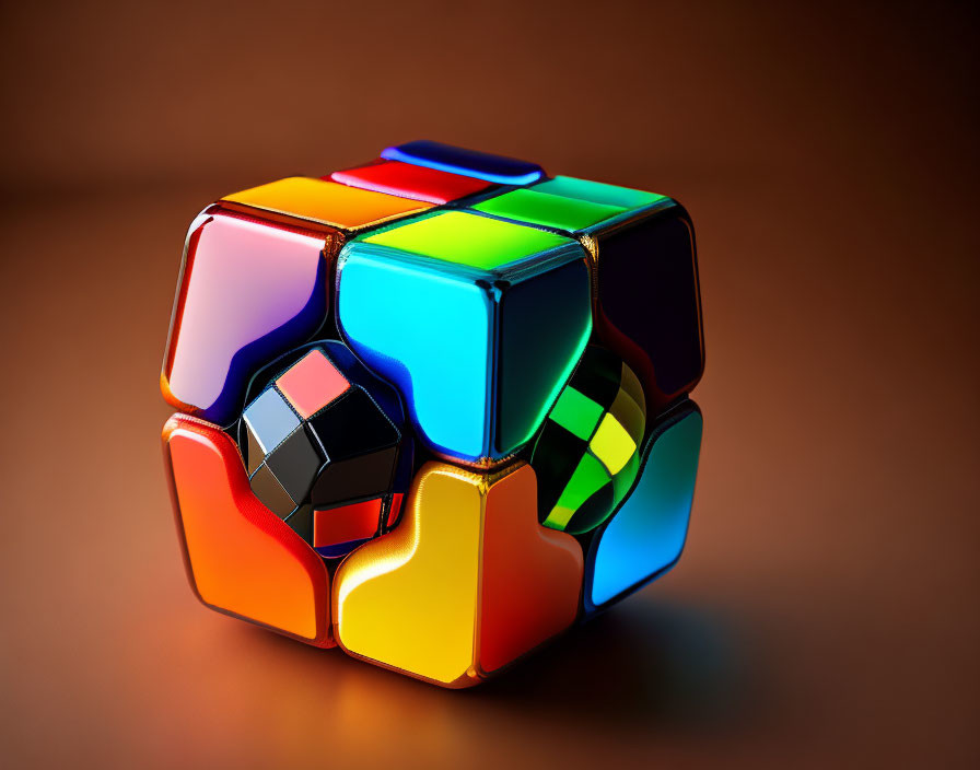 Partially Solved Rubik's Cube on Reflective Brown Background