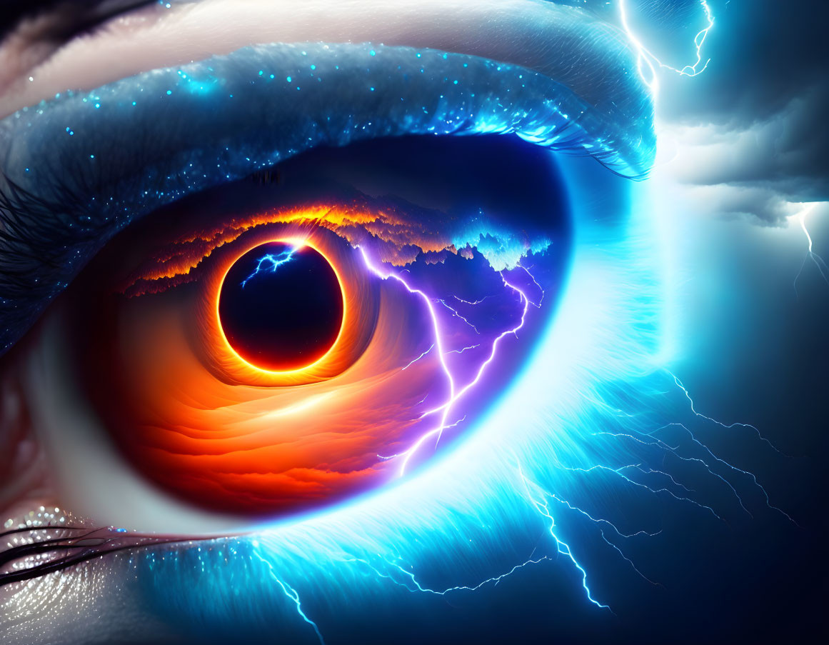 Surreal image: Human eye merges with cosmic scene, including black hole, lightning, and celestial