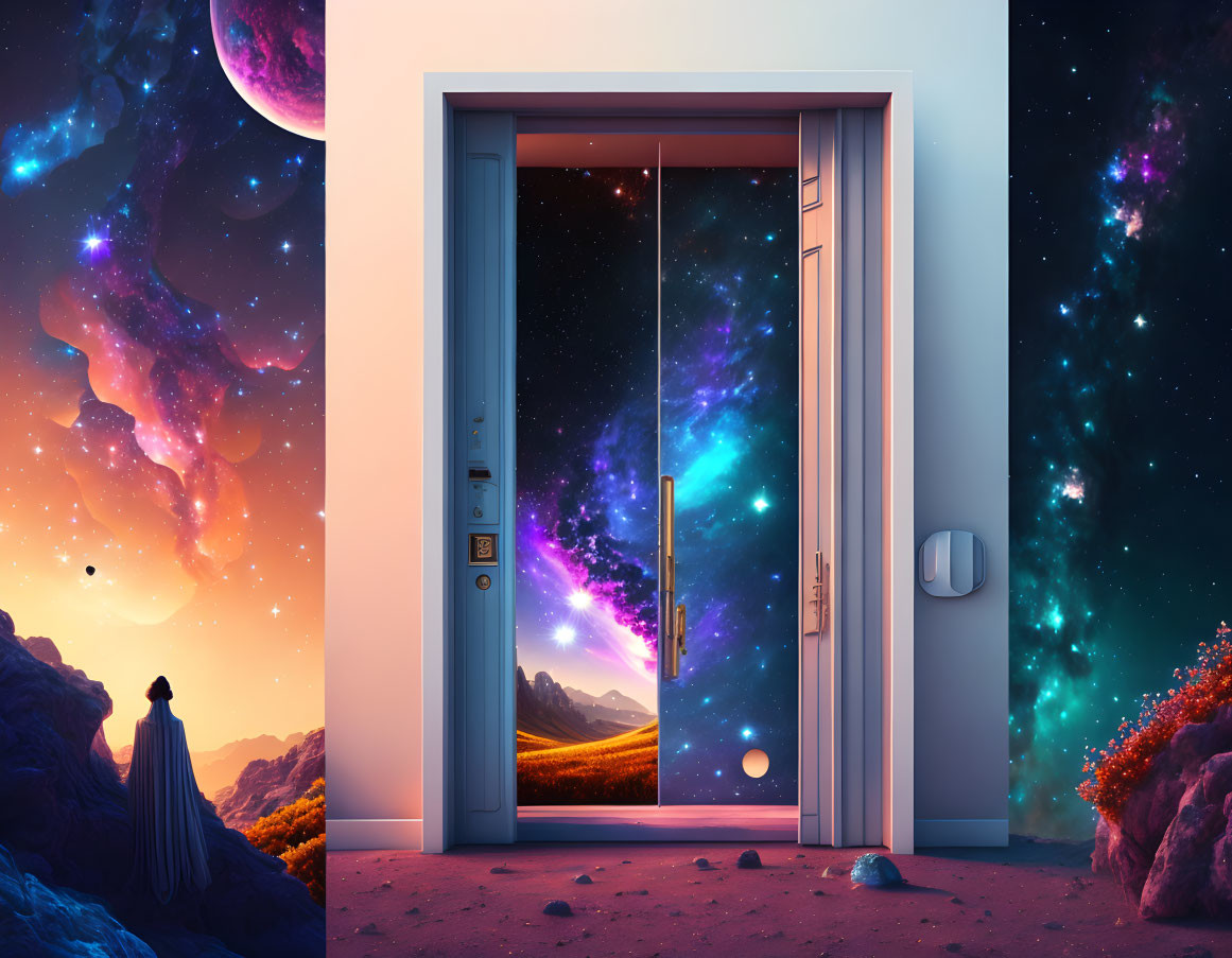 Surreal landscape with open door to starry space and alien world under purple sky