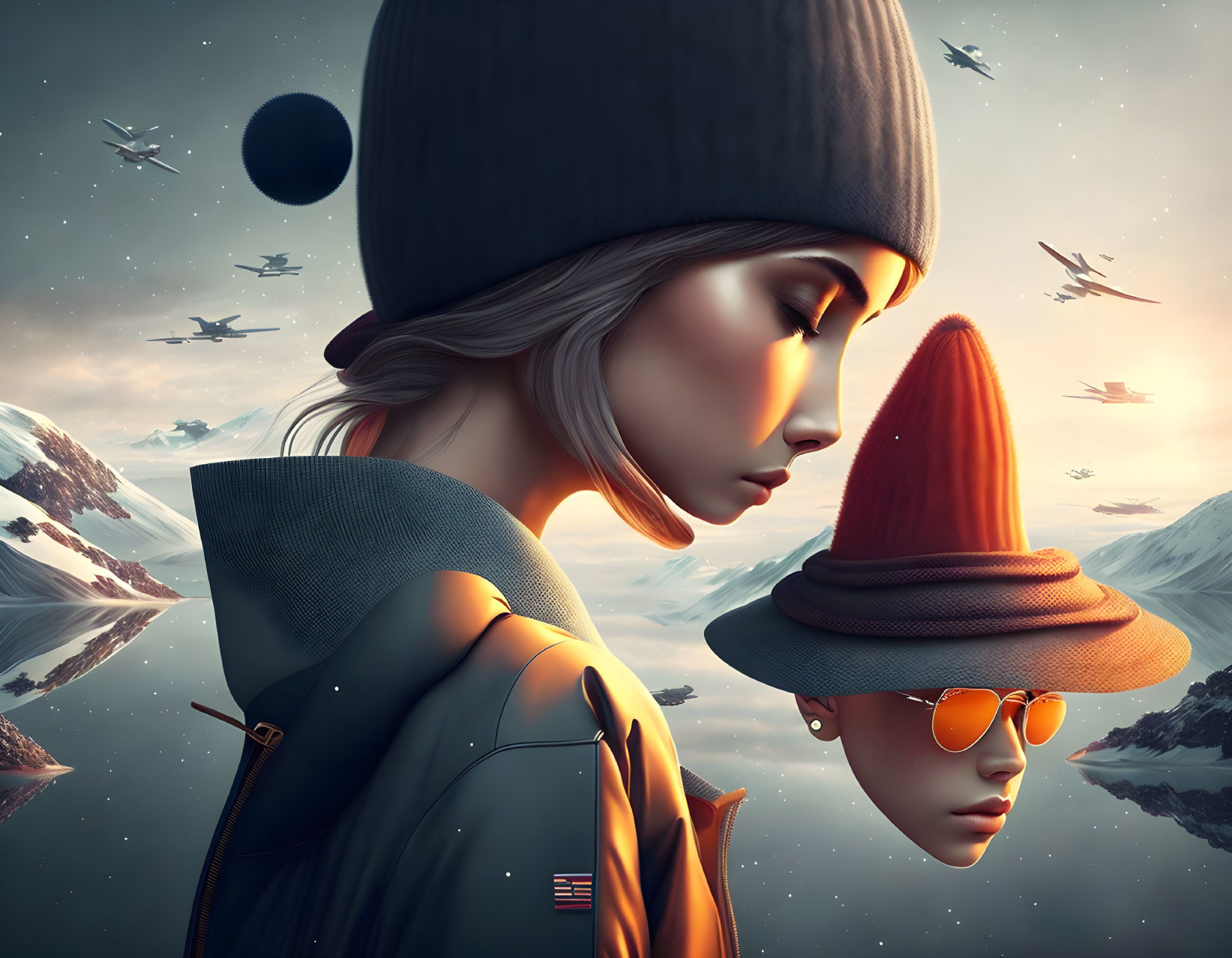 Surreal digital artwork of stylized characters in dreamlike setting