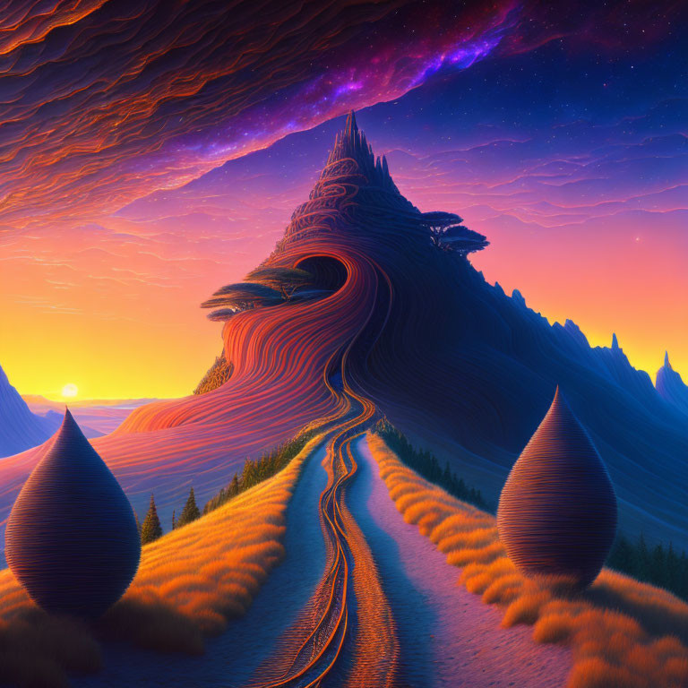 Surreal sunset landscape with winding path, mountain, galaxy-filled sky, and teardrop-shaped