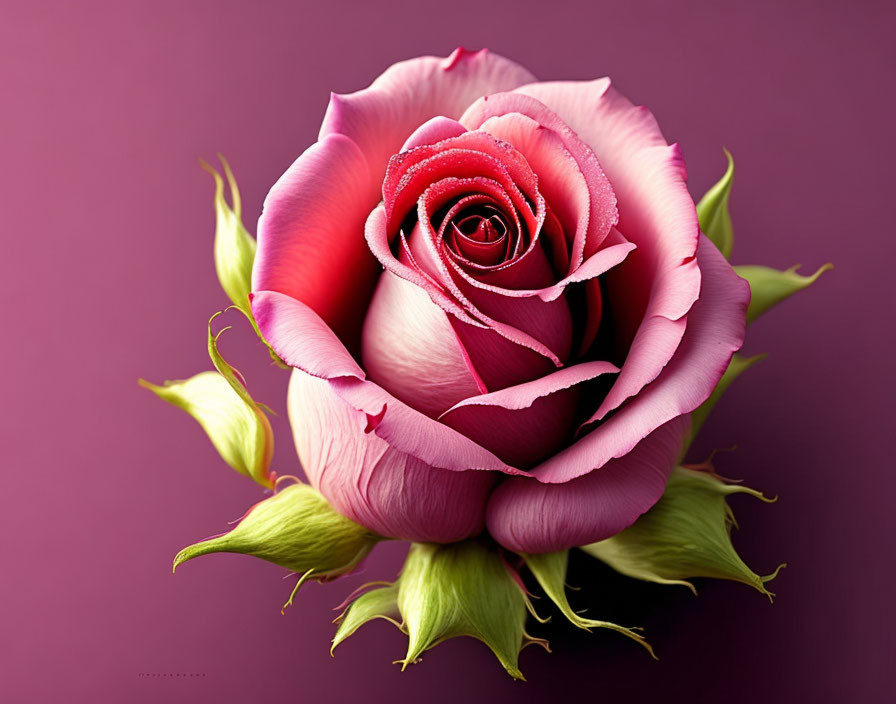 Vibrant pink rose with dewdrops on petals on purple background