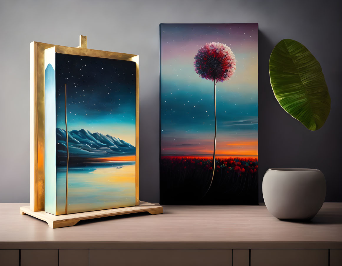 Still Life Scene: Nighttime Landscape Painting, Dandelion Art, Leaf Decor, Vase