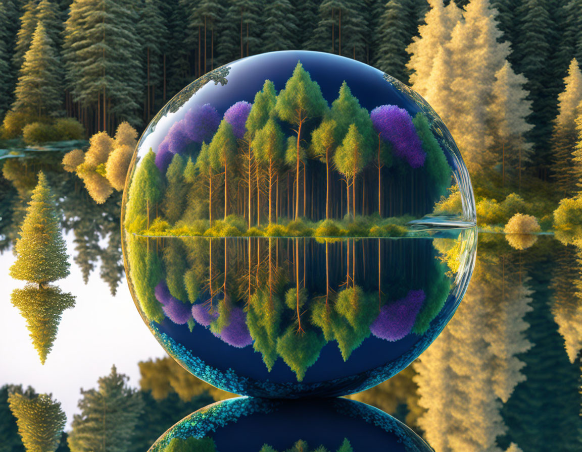 Colorful Inverted Forest Landscape Reflected in Crystal Ball