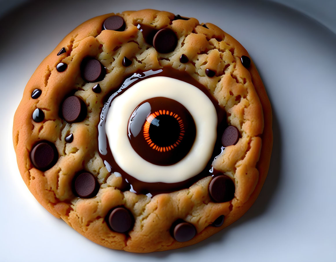 Realistic digital image of a cookie with chocolate chips and edible eyeball center