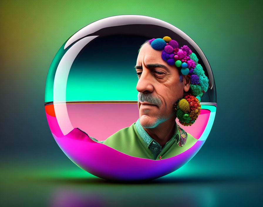 Colorful Sphere Encapsulating Contemplative Man with Pom-Poms