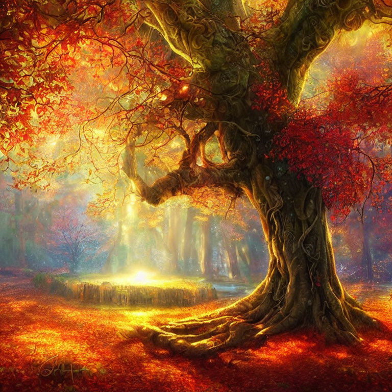 Majestic tree in mystical forest with red leaves and sunlight filtering through