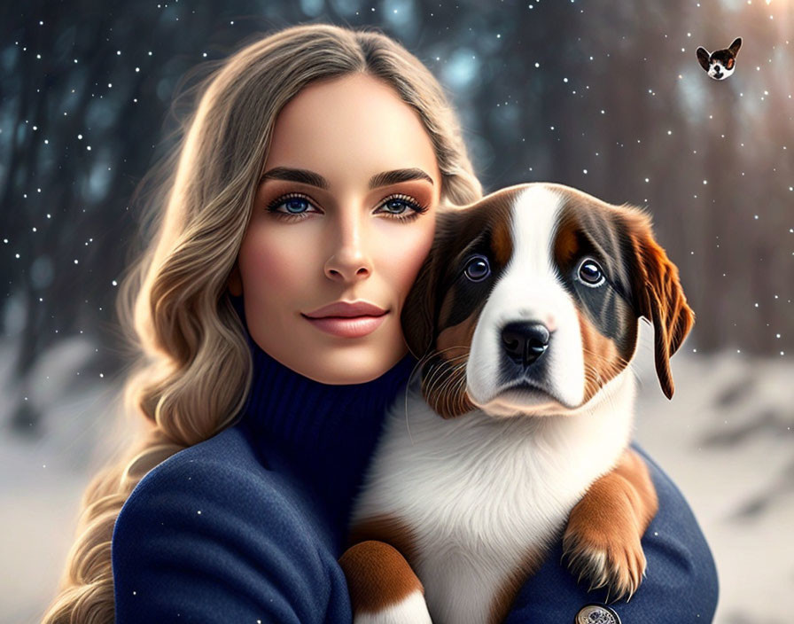 Woman holding blue-eyed puppy in snowfall