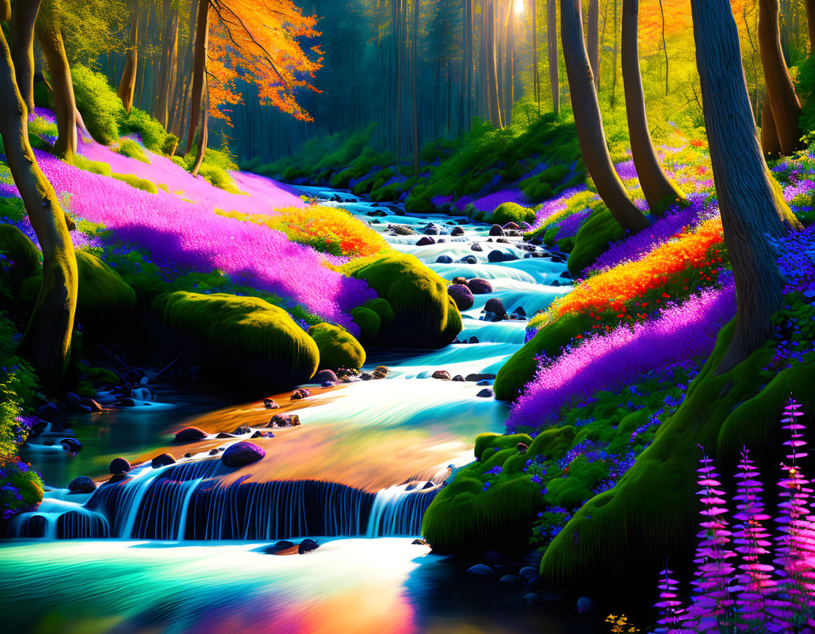 Colorful Forest with Stream and Vibrant Flowers Under Canopy