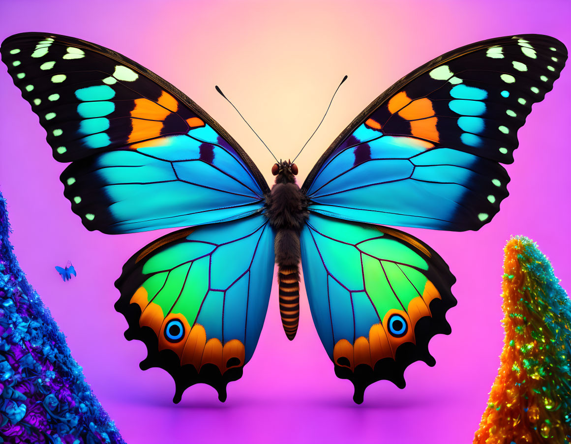 Colorful Butterfly Image with Blue and Orange Wings on Pink and Purple Background