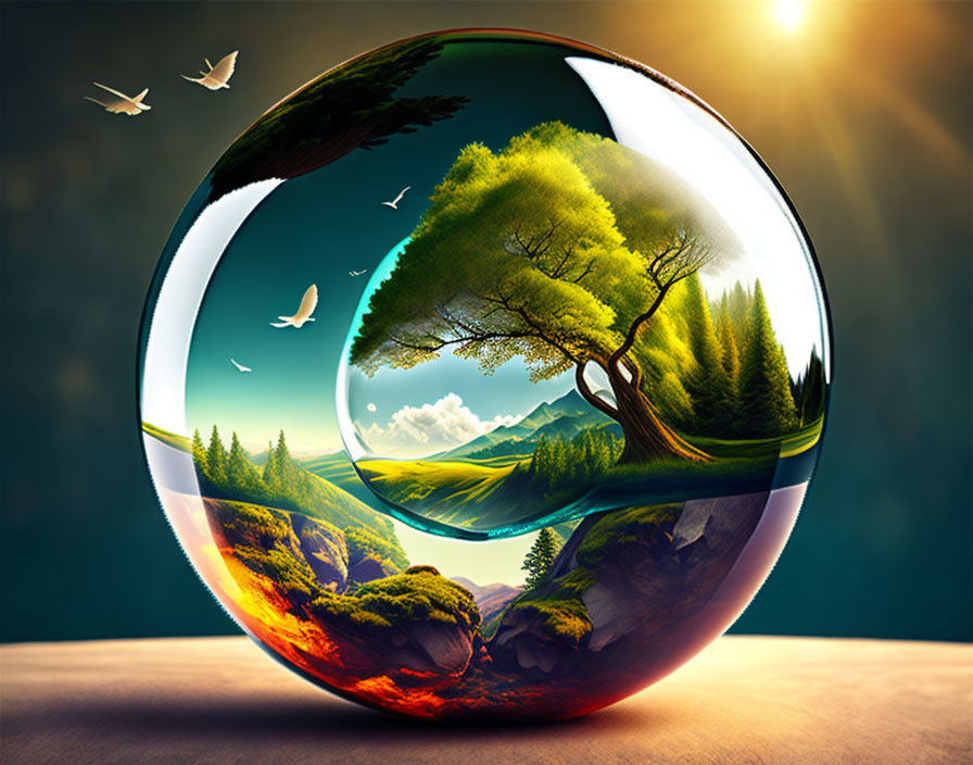 Colorful crystal ball displaying serene landscape with birds, trees, and setting/rising sun