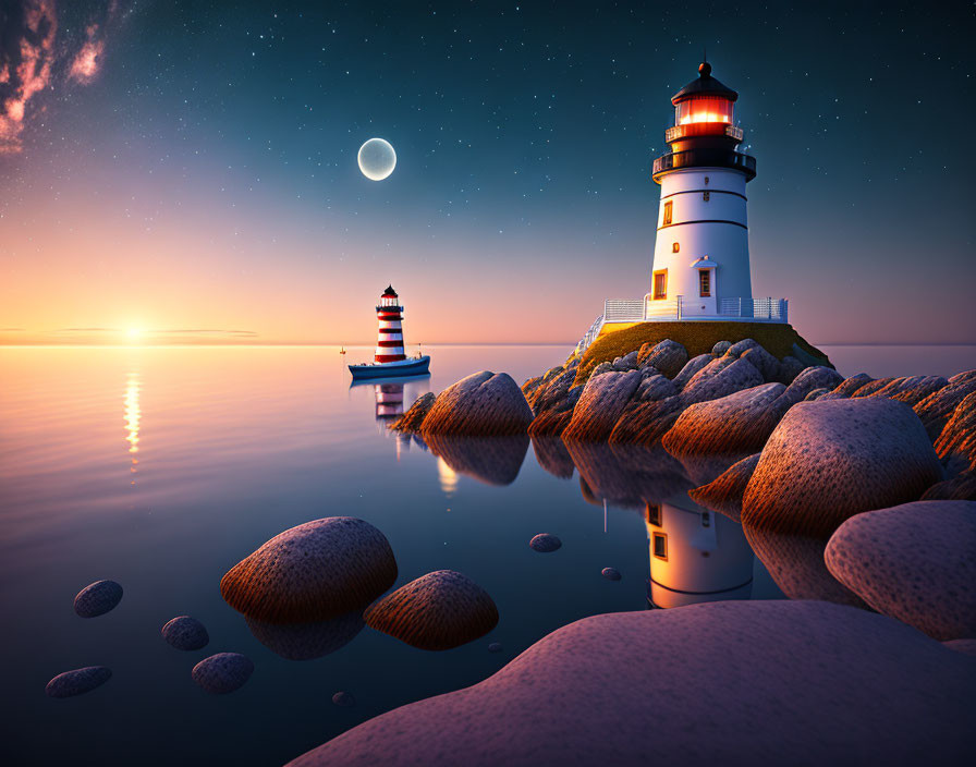 Tranquil sunset seascape with lighthouse on rocky terrain and starry sky