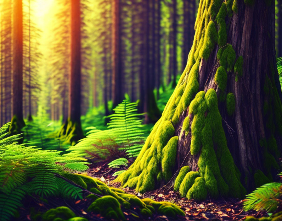 Lush forest scene with sunlight filtering through dense foliage