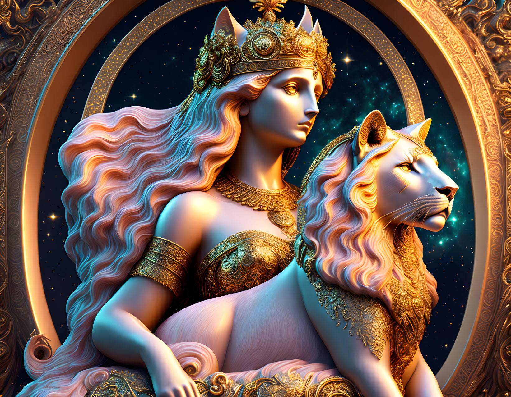 Regal woman and lion with golden crowns in cosmic setting