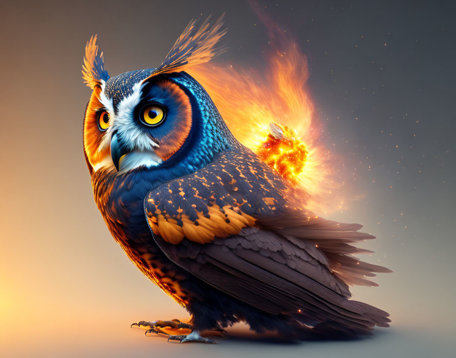 Colorful Stylized Owl with Blue Feathers and Orange Eyes on Fire Background