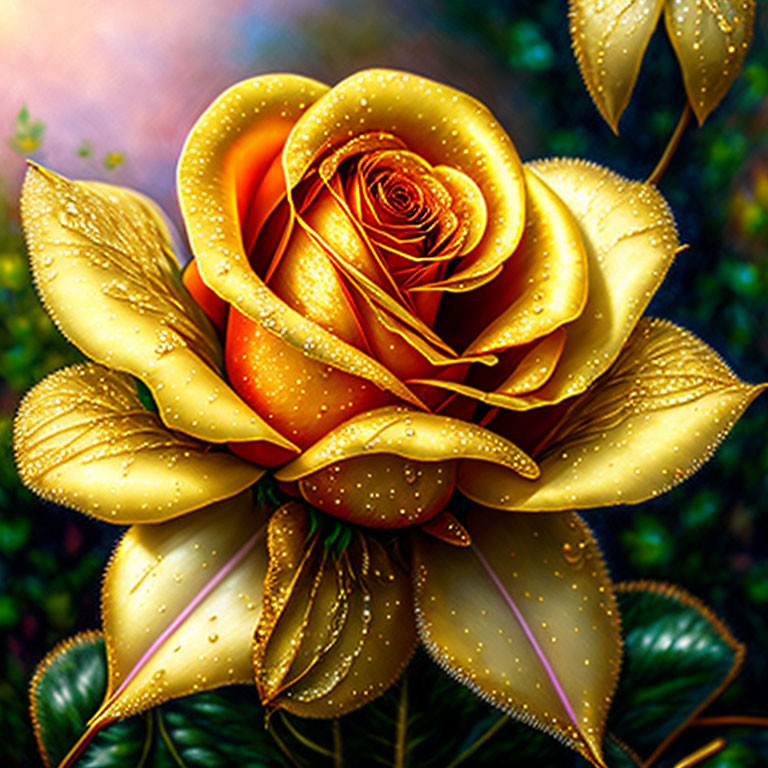 Golden rose digital artwork with dewdrops on petals and green leaves on bokeh background