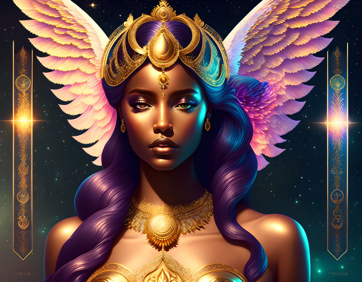 Illustrated portrait of woman with wings and golden jewelry on starry backdrop