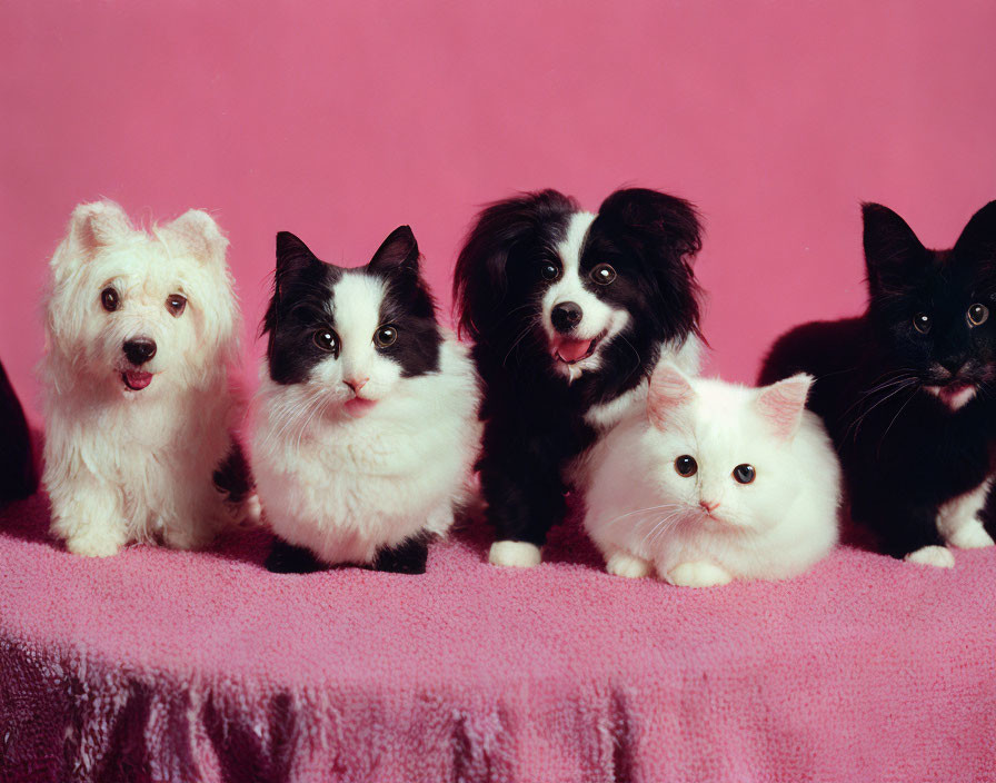 Fluffy dogs and cats together on pink background