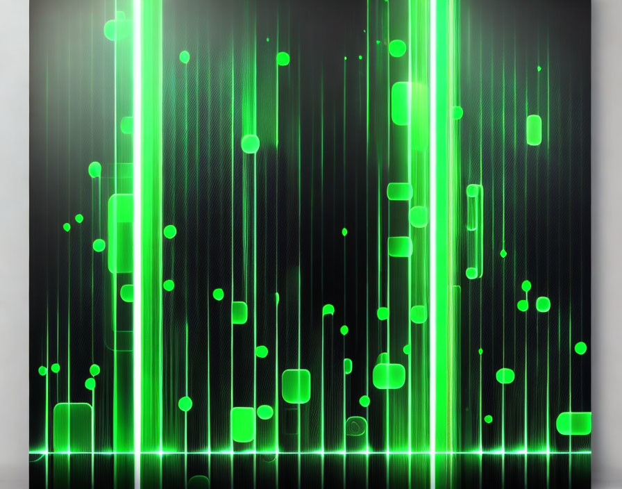 Abstract Green Binary Code Rain on Dark Background with Glowing Shapes