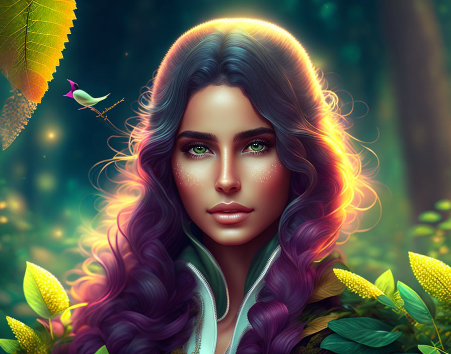 Illustrated woman with multicolored hair in mystical forest with bird