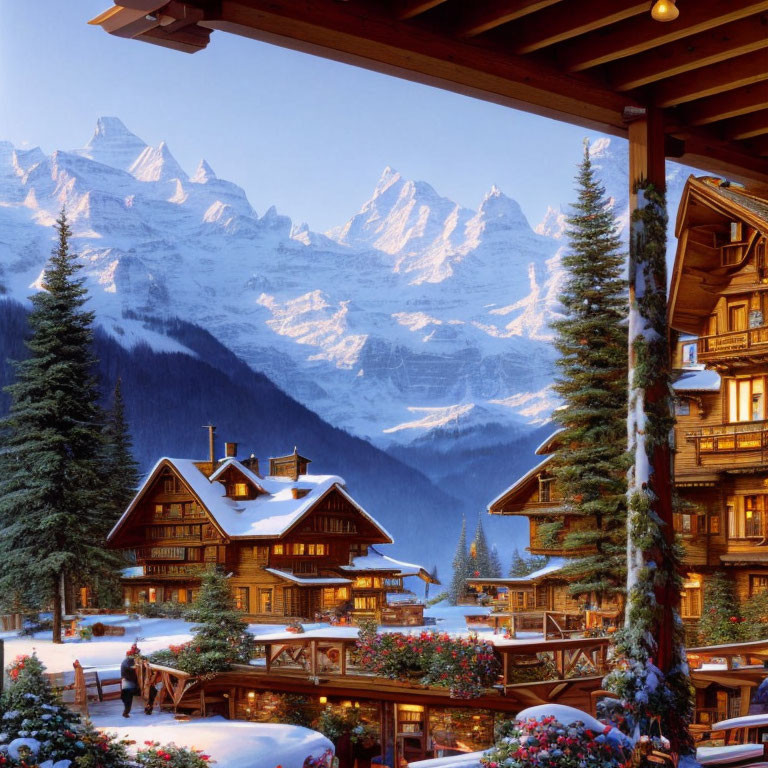 Snowy Alpine Chalets with Lights in Winter Dusk