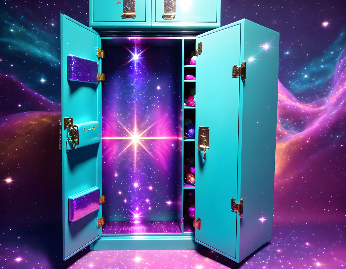 Colorful open locker with cosmic background, books, football, magical vibe