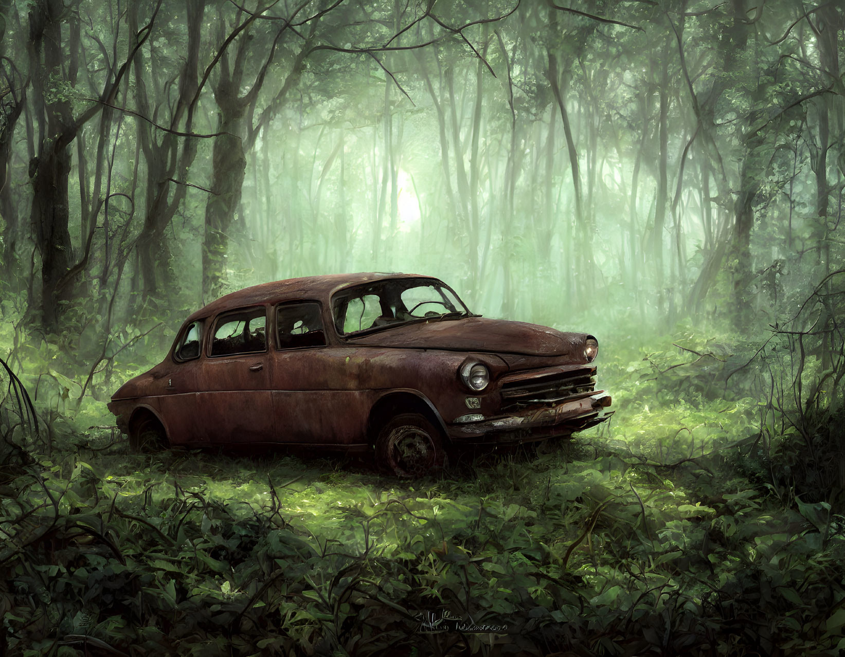 Rusted car in misty forest with dense foliage