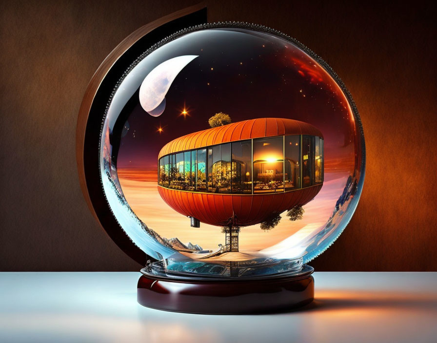 Futuristic snow globe with modern house, stars, moon, and surreal landscape