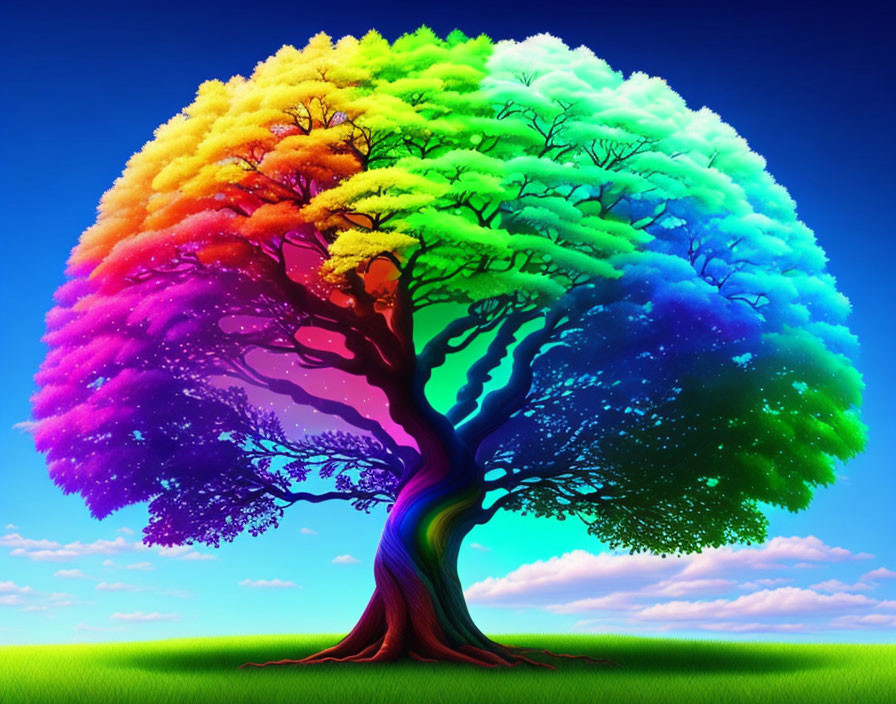 Colorful rainbow tree against bright blue sky with wispy clouds