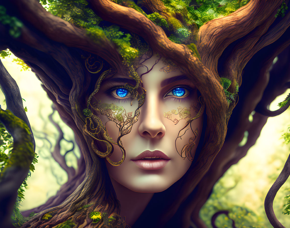 Mystical female face with blue eyes and golden leaf-patterned makeup surrounded by tree branches