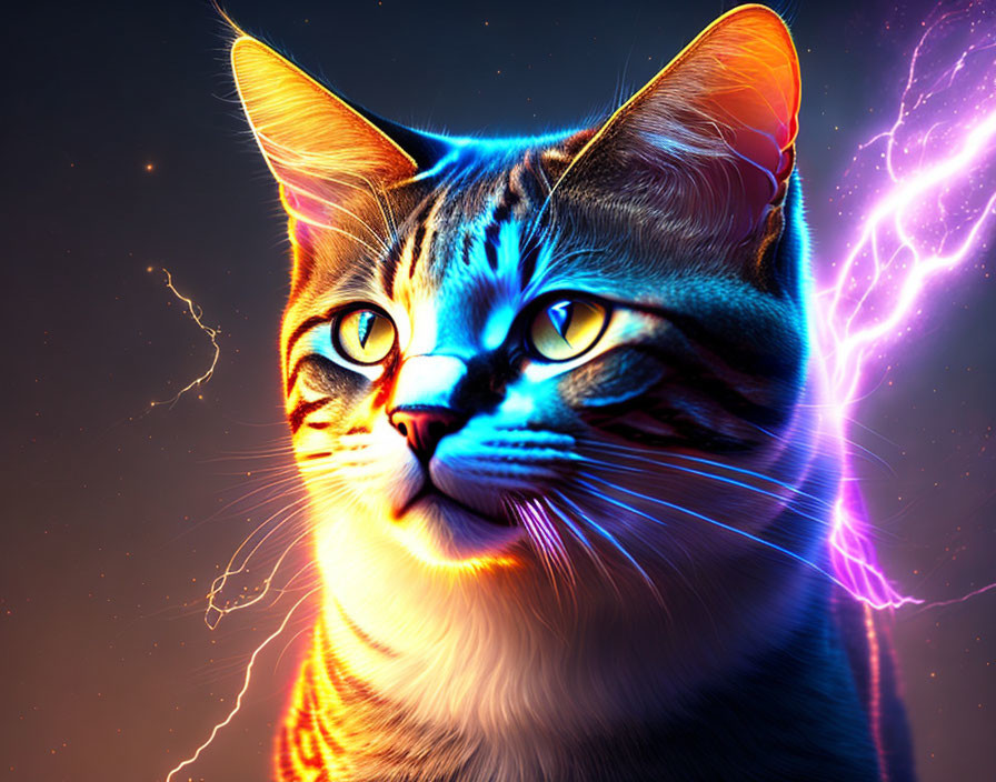 Digital Artwork: Cat with Yellow Eyes and Orange Fur Next to Blue Lightning Bolt