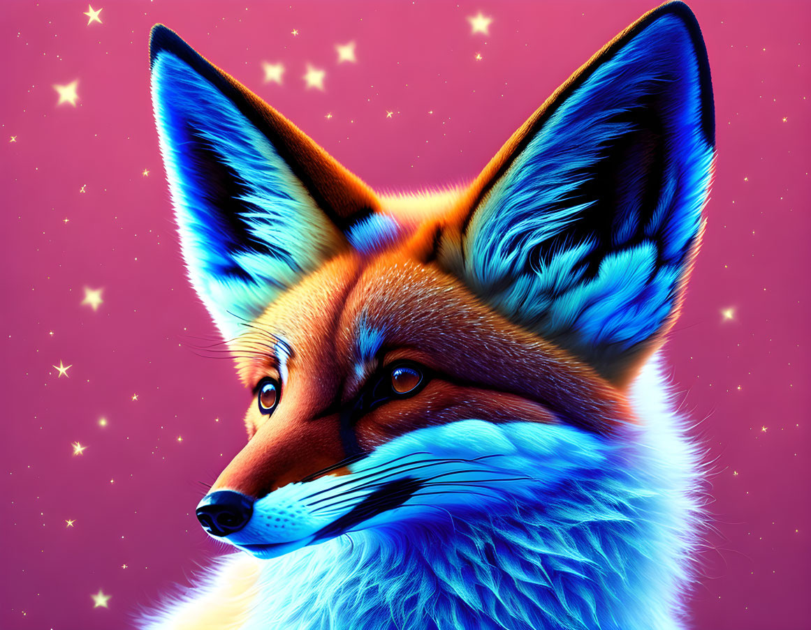 Detailed digital illustration: Fox with vibrant fur on sparkling starry background