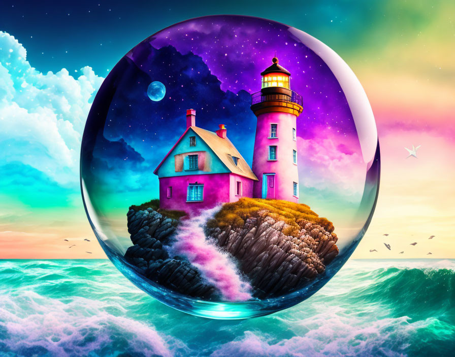 Colorful lighthouse in crystal sphere amid starry sky and vibrant sea.