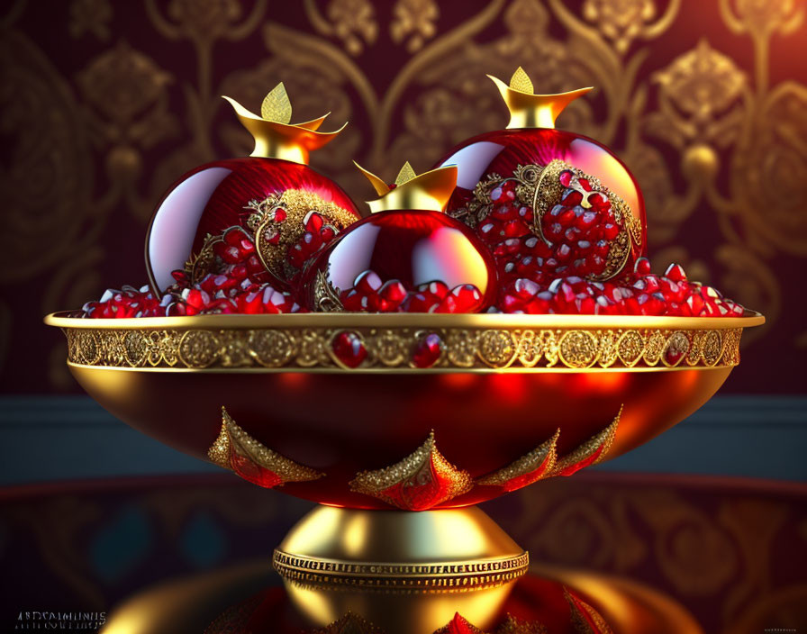 Red and Gold Ornament-Filled Decorative Bowl on Dark Patterned Background