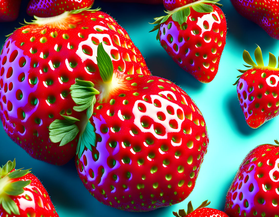 Detailed Close-Up of Vibrant Red Strawberries on Teal Background