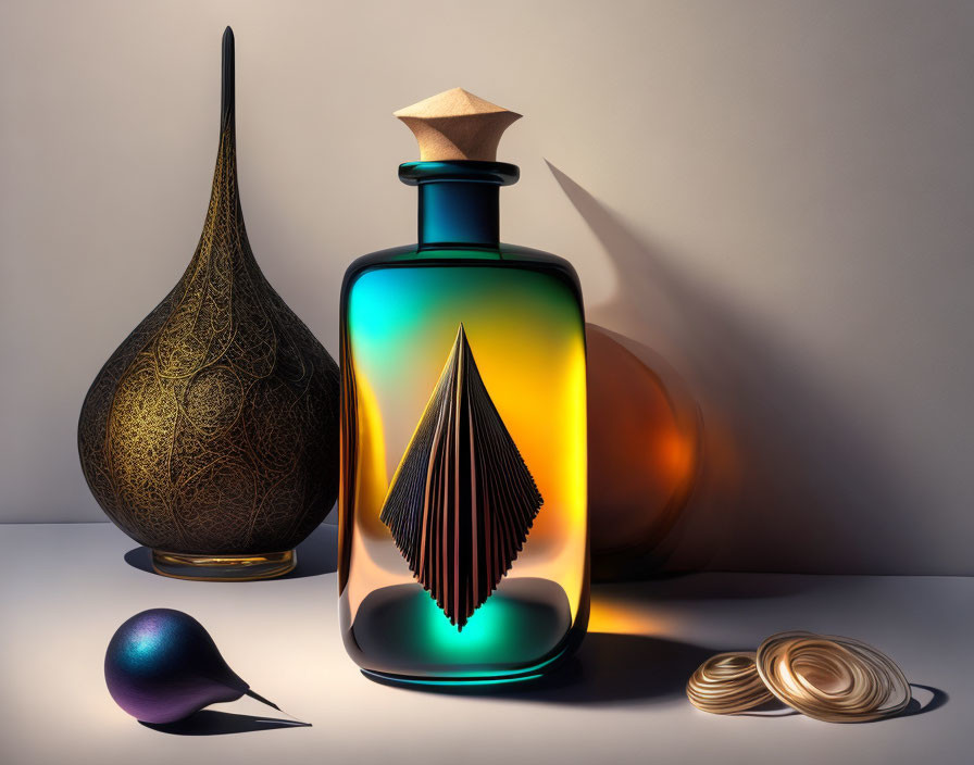 Ornate Glass Bottle with Geometric Centerpiece and Pear-shaped Object