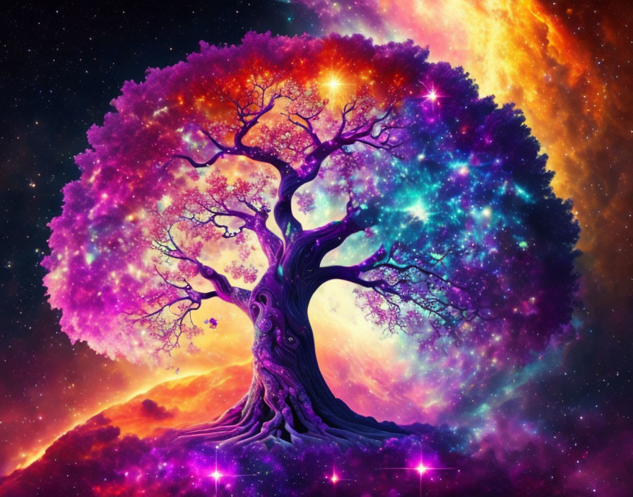 Colorful cosmic tree symbolizing life and universe against space backdrop