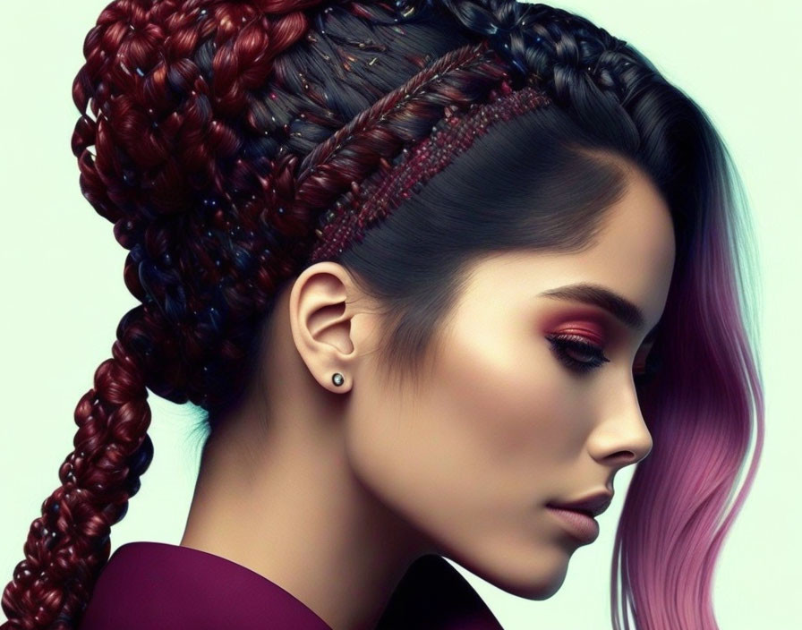 Woman with Intricate Braided Hairstyle and Ombre Brown to Purple Hair in Maroon Out